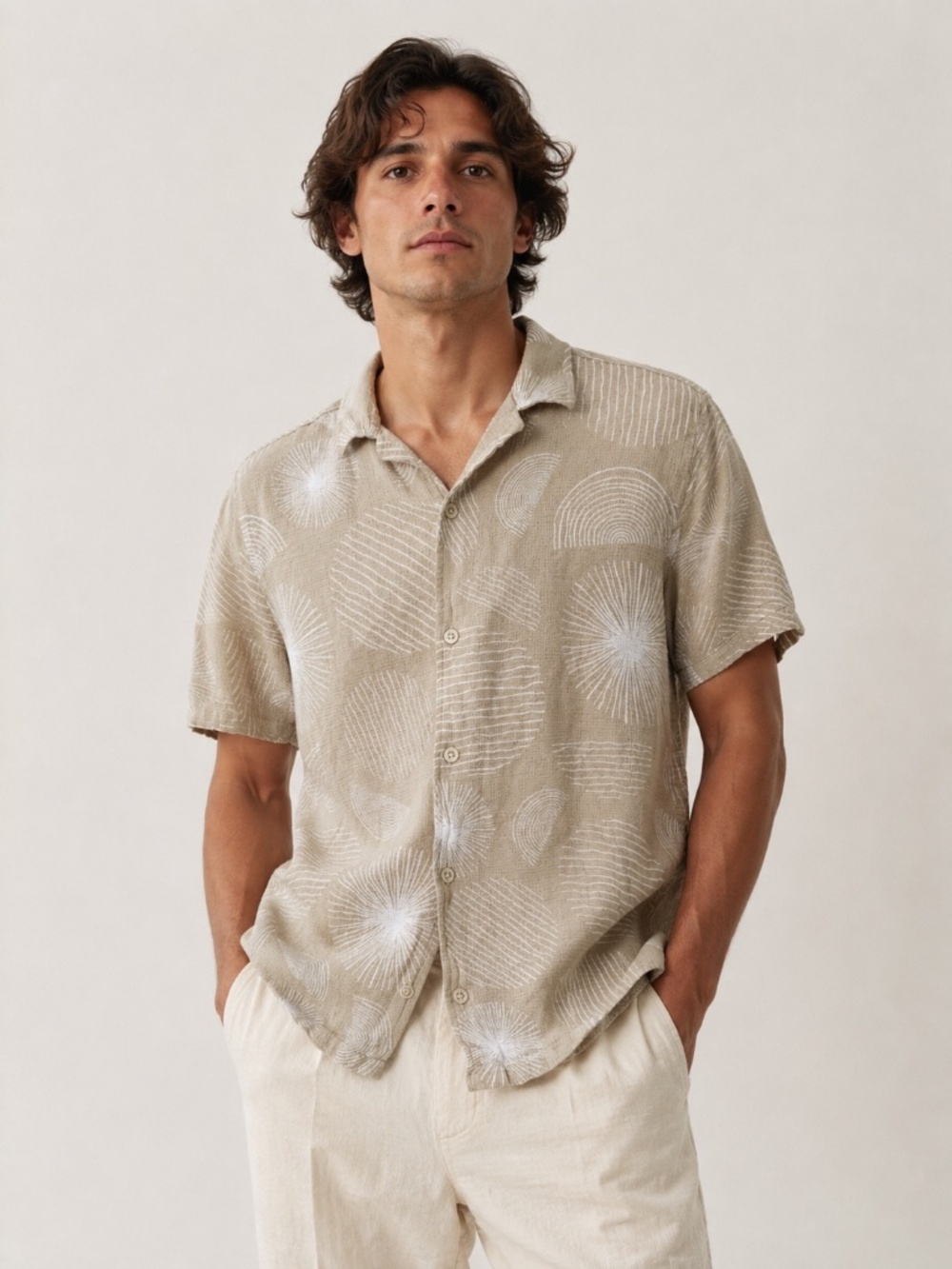 Folk Jay Short Sleeve Button Up Shirt Geometric Print Textured Cotton M